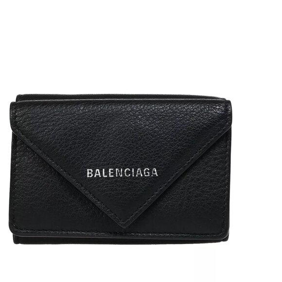 BALENCIAGA Logo Trifold Mini Paper Wallet Leather Black Italy 62KA374 - Picture 1 of 14